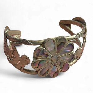 Very Small Vintage Mexican Alpaca Silver Mermaid & Abalone Cuff Bracelet